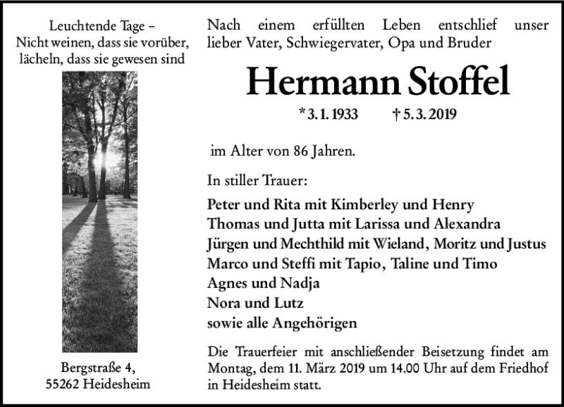  Traueranzeige für Hermann Stoffel vom 08.03.2019 aus vrm-trauer
