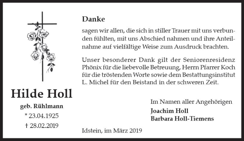  Traueranzeige für Hilde Holl vom 23.03.2019 aus vrm-trauer