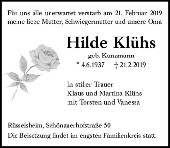 Traueranzeige von Hilde Klühs von vrm-trauer