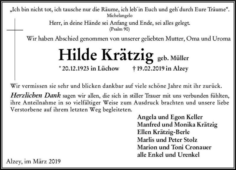  Traueranzeige für Hilde Krätzig vom 15.03.2019 aus vrm-trauer