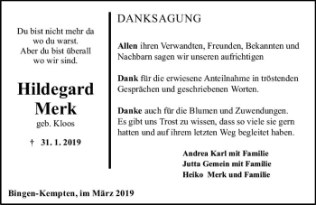 Traueranzeige von Hildegard Merk von vrm-trauer