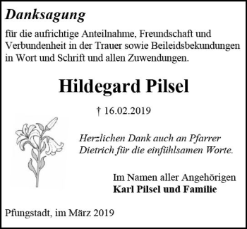 Traueranzeige von Hildegard Pilsel von vrm-trauer