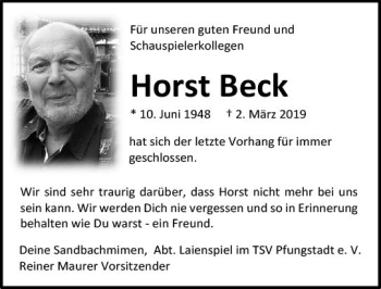 Traueranzeige von Horst Beck von vrm-trauer