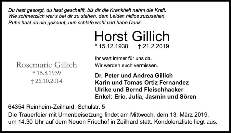 Traueranzeige für Horst Gillich vom 11.03.2019 aus vrm-trauer