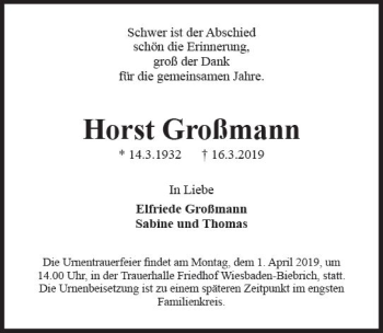 Traueranzeige von Horst Großmann von vrm-trauer