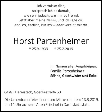Traueranzeige von Horst Partenheimer von vrm-trauer