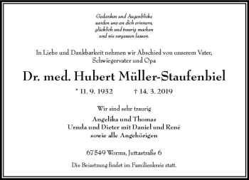 Traueranzeige von Hubert Müller-Staufenbiel von vrm-trauer