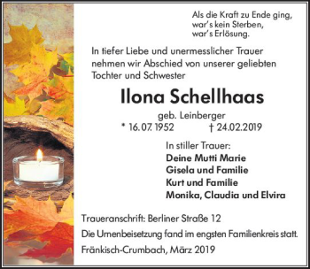 Traueranzeige von Ilona Schellhaas von vrm-trauer
