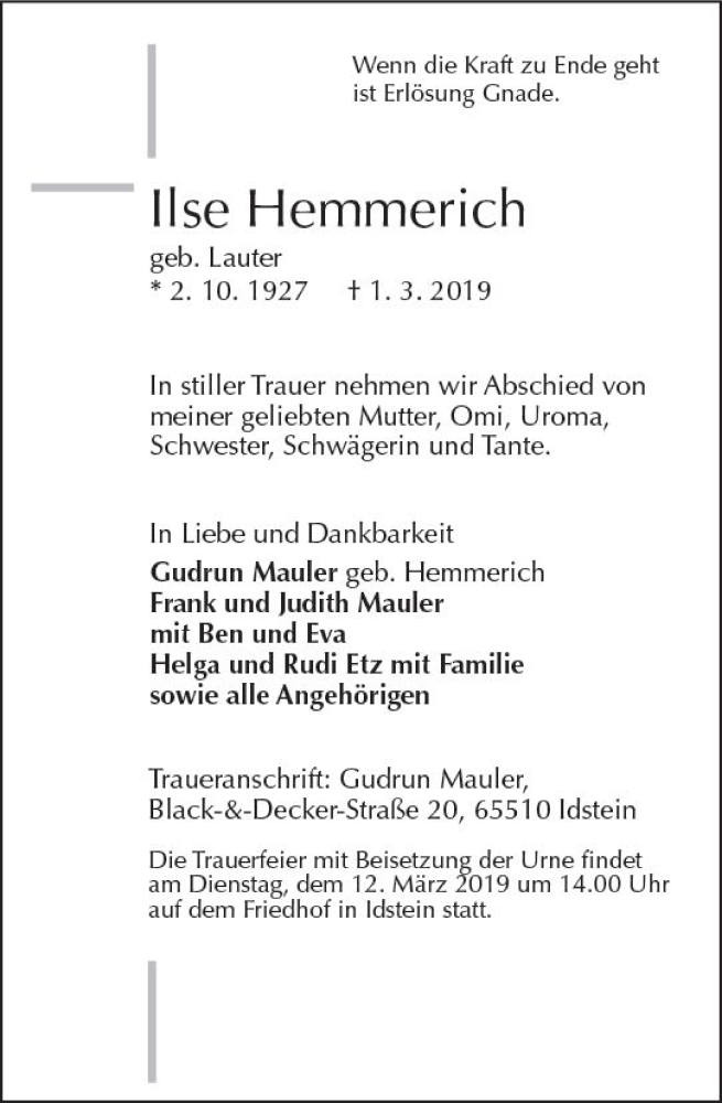  Traueranzeige für Ilse Hemmerich vom 09.03.2019 aus vrm-trauer