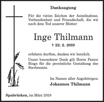 Traueranzeige von Inge Thilmann von vrm-trauer