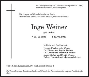 Traueranzeige von Inge Weiner von vrm-trauer