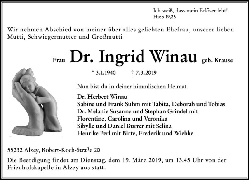  Traueranzeige für Ingrid Winau vom 13.03.2019 aus vrm-trauer