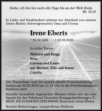 Traueranzeige von Irene Eberts von vrm-trauer