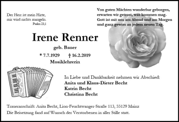 Traueranzeige von Irene Renner von vrm-trauer