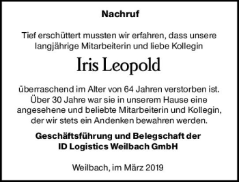 Traueranzeige von Iris Leopold von vrm-trauer
