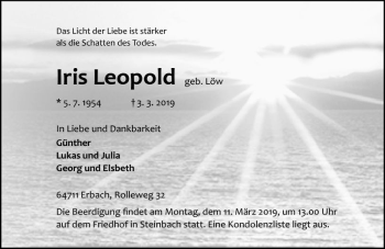 Traueranzeige von Iris Leopold von vrm-trauer