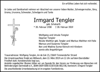 Traueranzeige von Irmgard Tengler von vrm-trauer
