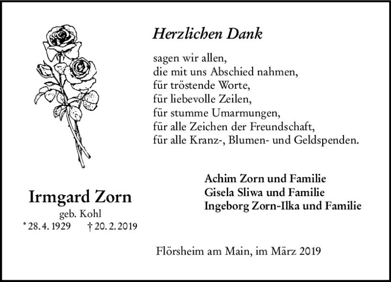  Traueranzeige für Irmgard Zorn vom 16.03.2019 aus vrm-trauer