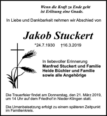 Traueranzeige von Jakob Stuckert von vrm-trauer