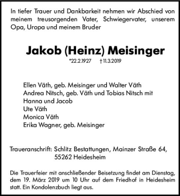 Traueranzeige von Jakob Heinz Meisinger von vrm-trauer