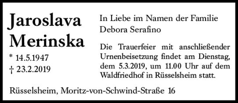  Traueranzeige für Jeroslava Merinska vom 02.03.2019 aus vrm-trauer