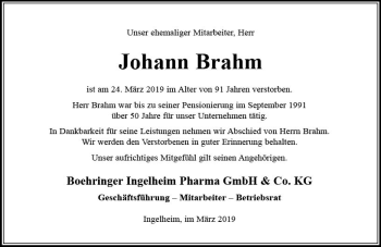 Traueranzeige von Johann Brahm von vrm-trauer
