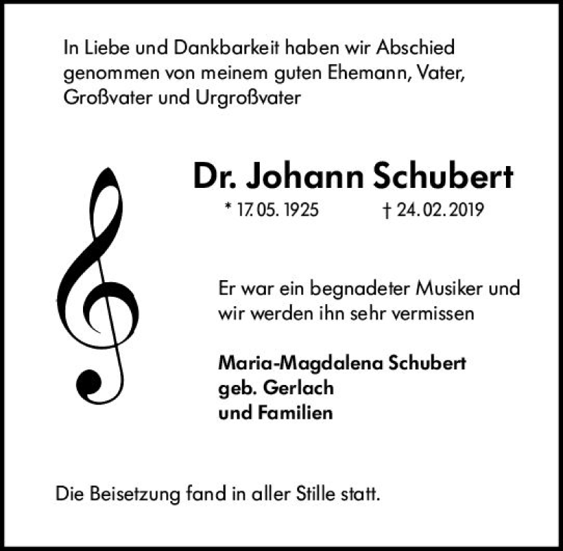  Traueranzeige für Johann Schubert vom 09.03.2019 aus vrm-trauer