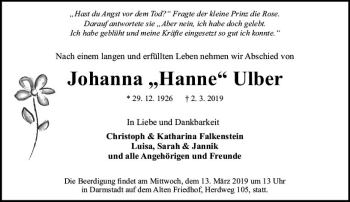 Traueranzeige von Johanna Ulber von vrm-trauer