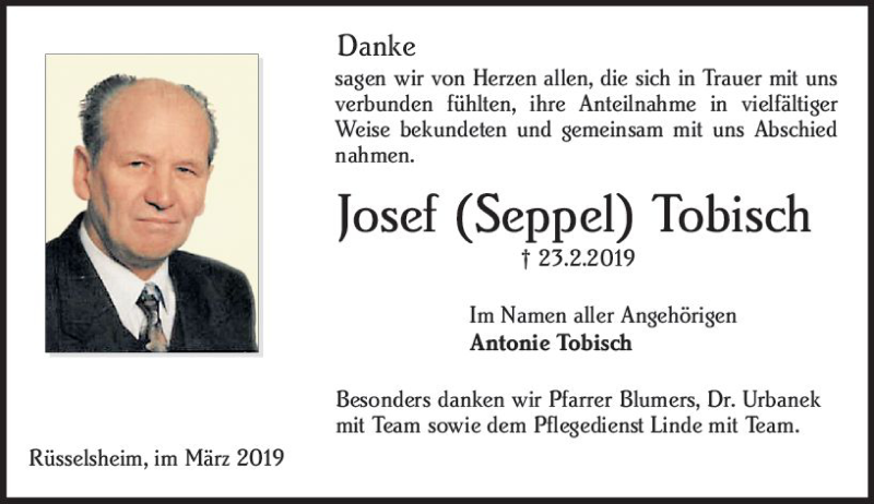  Traueranzeige für Josef Tobisch vom 09.03.2019 aus vrm-trauer
