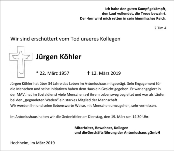 Traueranzeige von Jürgen Köhler von vrm-trauer