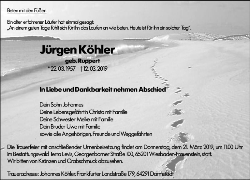  Traueranzeige für Jürgen Köhler vom 16.03.2019 aus vrm-trauer
