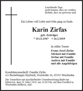 Traueranzeige von Karin Zirfas von vrm-trauer