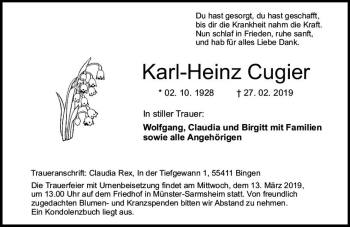 Traueranzeige von Karl-Heinz Cugier von vrm-trauer