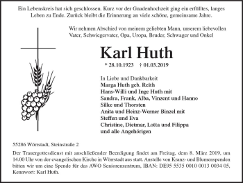 Traueranzeige von Karl Huth von vrm-trauer