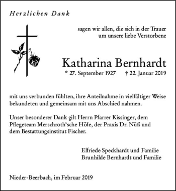 Traueranzeige von Katharina Bernhardt von vrm-trauer