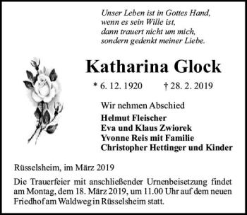 Traueranzeige von Katharina Glock von vrm-trauer