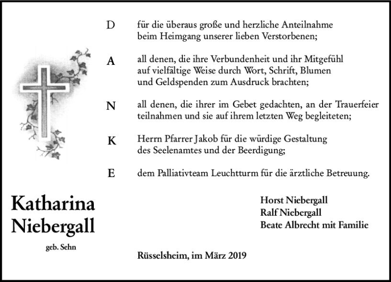  Traueranzeige für Katharina Niebergall vom 16.03.2019 aus vrm-trauer