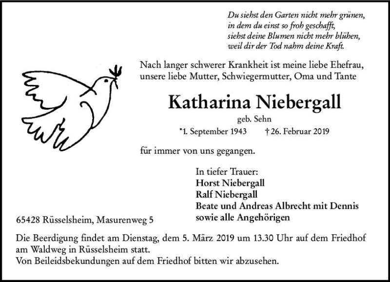  Traueranzeige für Katharina Niebergall vom 02.03.2019 aus vrm-trauer