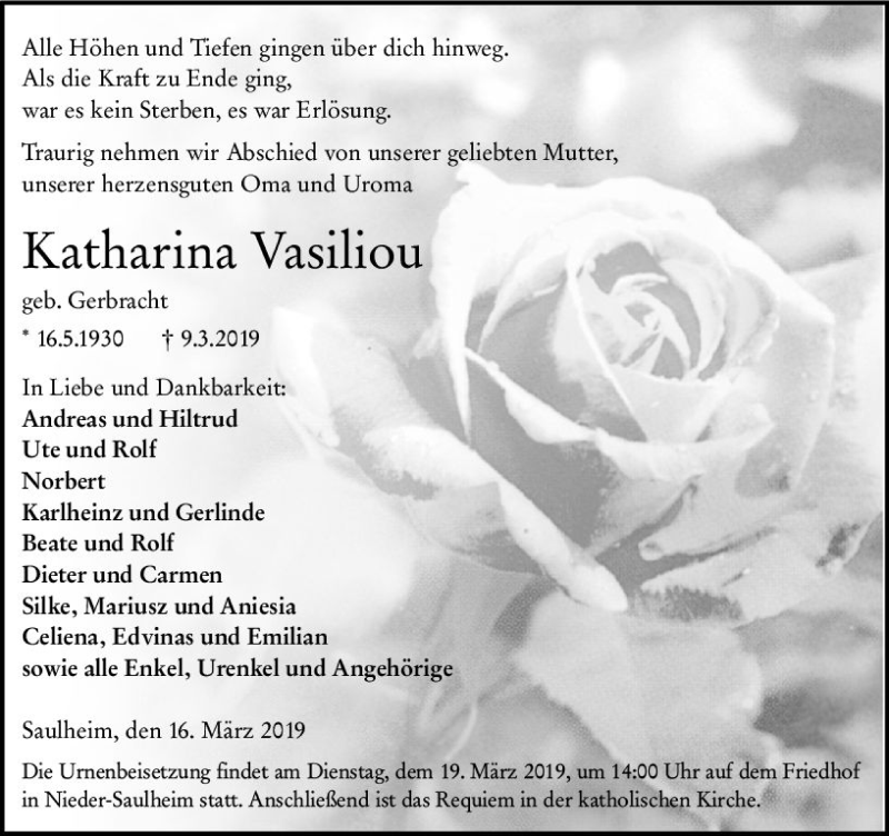  Traueranzeige für Katharina Vasiliou vom 16.03.2019 aus vrm-trauer