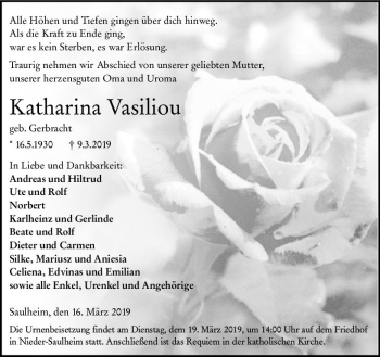 Traueranzeige von Katharina Vasiliou von vrm-trauer