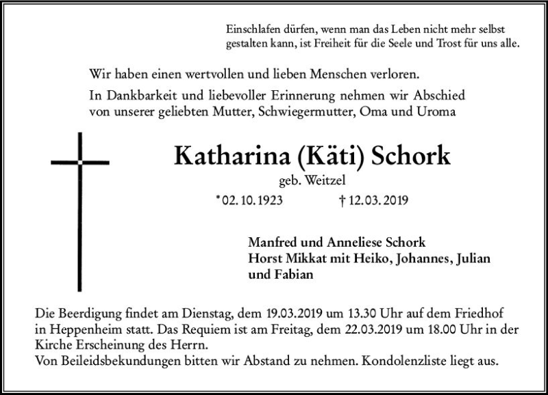 Traueranzeige für Katharina Käti Schork vom 16.03.2019 aus vrm-trauer