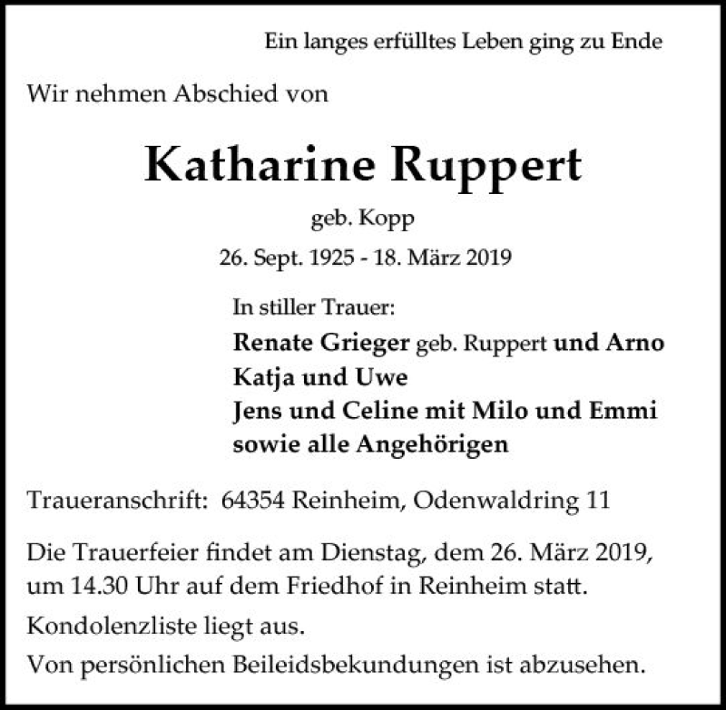  Traueranzeige für Katharine Ruppert vom 23.03.2019 aus vrm-trauer