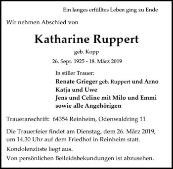 Traueranzeige von Katharine Ruppert von vrm-trauer