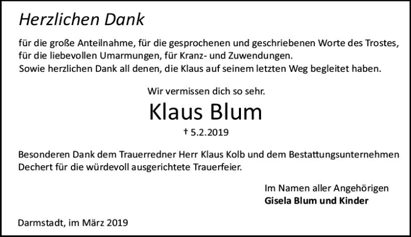  Traueranzeige für Klaus Blum vom 16.03.2019 aus vrm-trauer