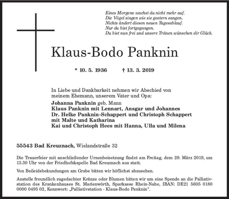  Traueranzeige für Klaus-Bodo Panknin vom 23.03.2019 aus vrm-trauer