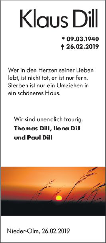  Traueranzeige für Klaus Dill vom 02.03.2019 aus vrm-trauer