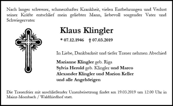 Traueranzeige von Klaus Klingler von vrm-trauer