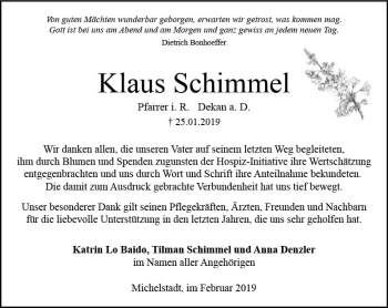 Traueranzeige von Klaus Schimmel von vrm-trauer