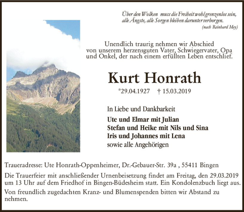 Traueranzeige für Kurt Honrath vom 23.03.2019 aus vrm-trauer