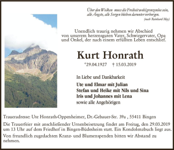 Traueranzeige von Kurt Honrath von vrm-trauer